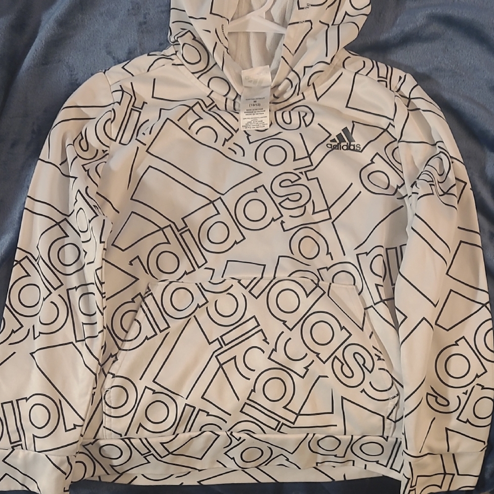 Adidas Kids White and Black Graphic Hoodie